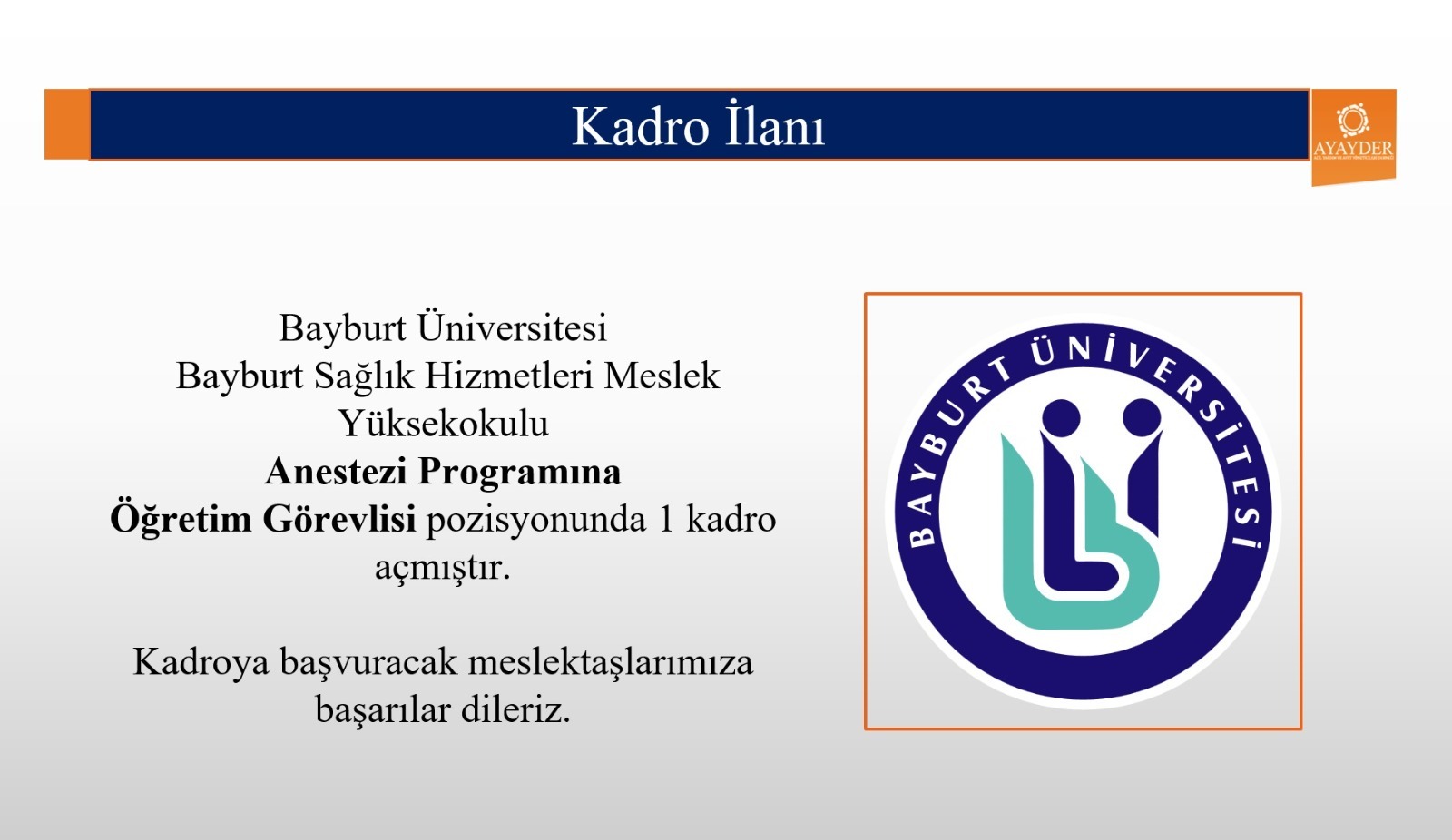 Bayburt Sağlık Hizmetleri M.Y.O. Anestesi Programına Öğretim Görevlisi İlanı